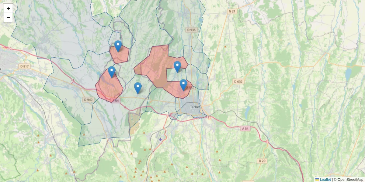 Carte de la zone du code postal  et des codes postaux voisins en France