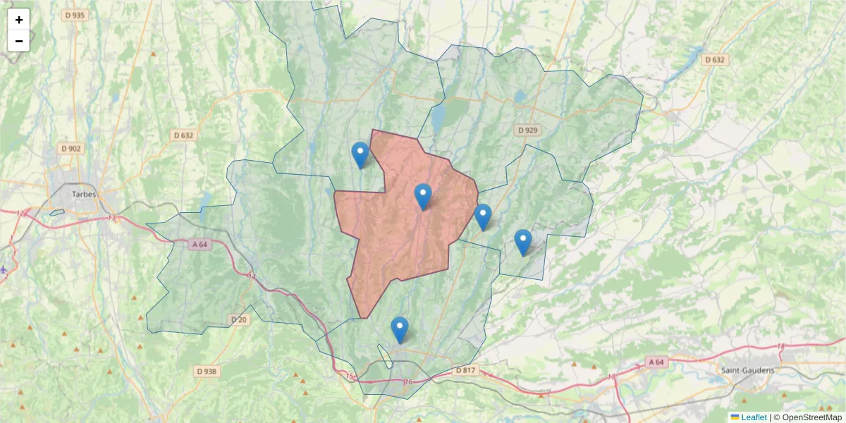 Carte de la zone du code postal  et des codes postaux voisins en France