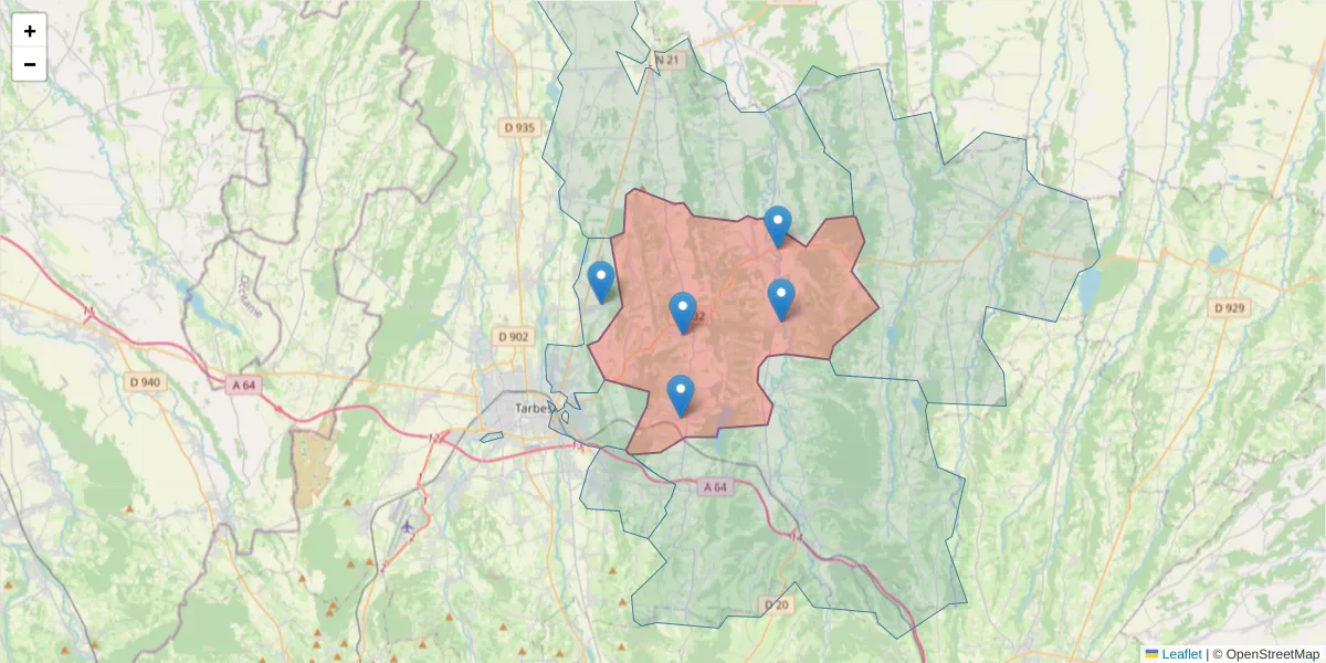 Carte de la zone du code postal  et des codes postaux voisins en France
