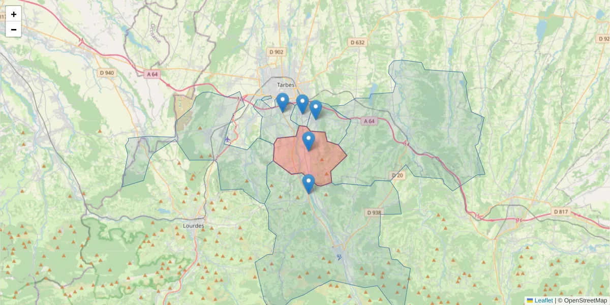 Carte de la zone du code postal  et des codes postaux voisins en France
