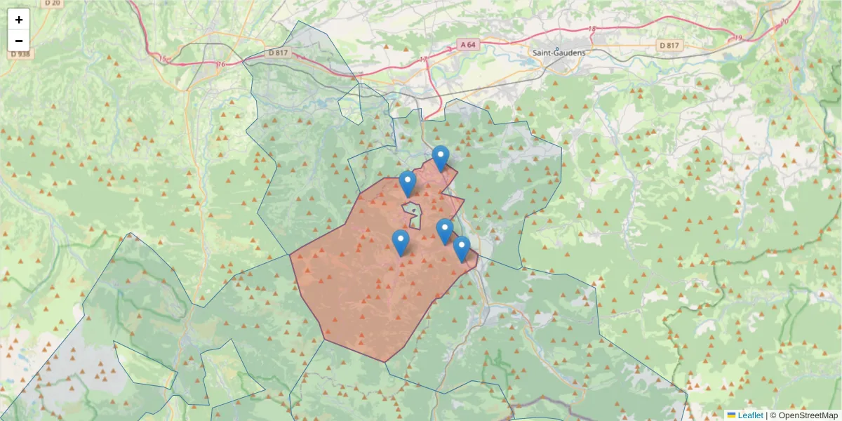 Carte de la zone du code postal  et des codes postaux voisins en France