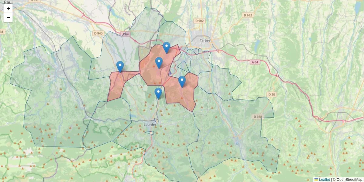 Carte de la zone du code postal  et des codes postaux voisins en France