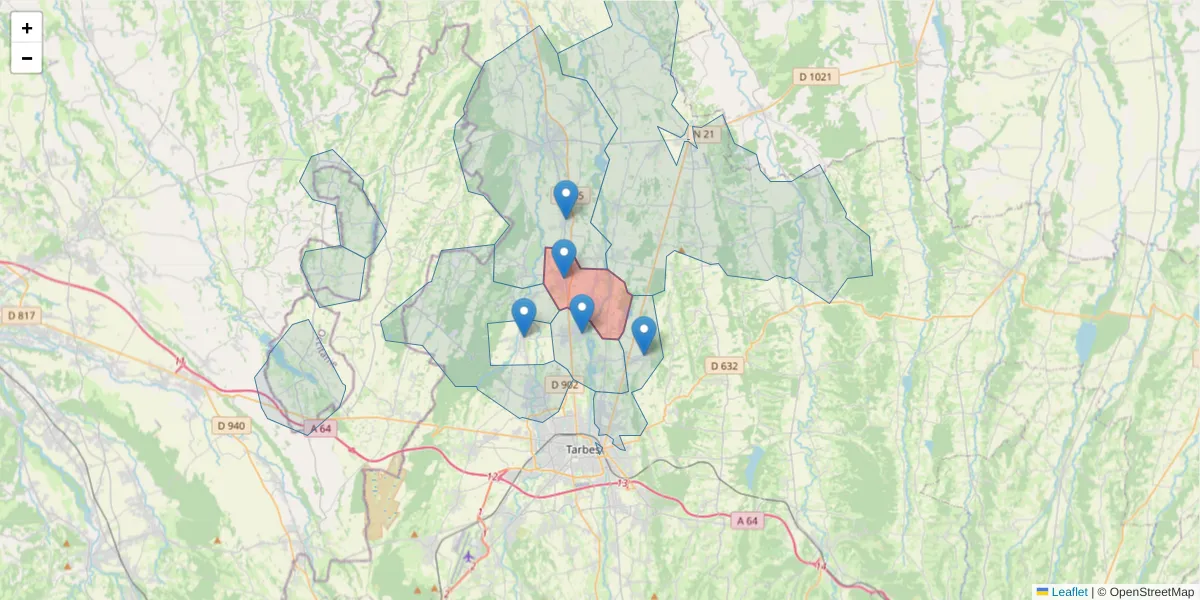 Carte de la zone du code postal  et des codes postaux voisins en France