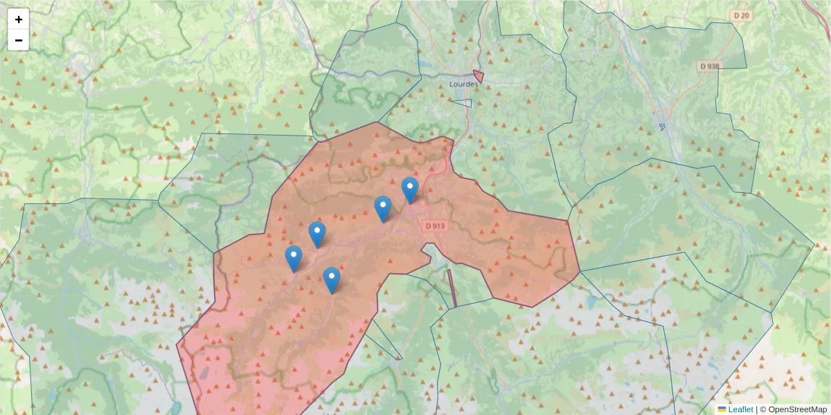 Carte de la zone du code postal  et des codes postaux voisins en France