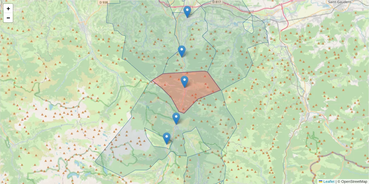 Carte de la zone du code postal  et des codes postaux voisins en France