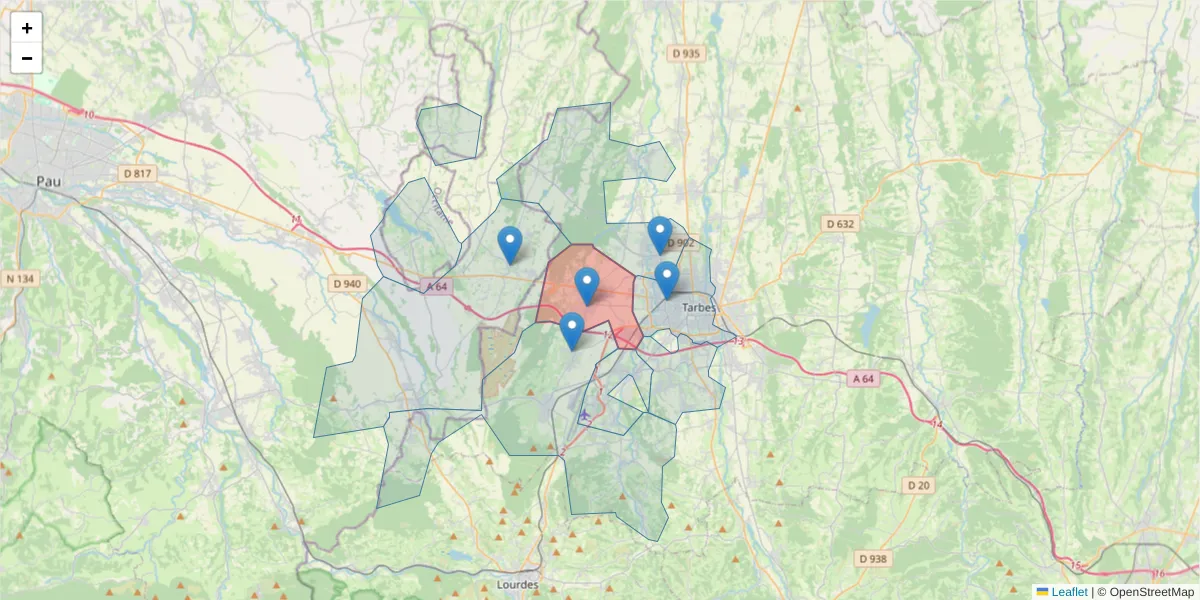 Carte de la zone du code postal  et des codes postaux voisins en France