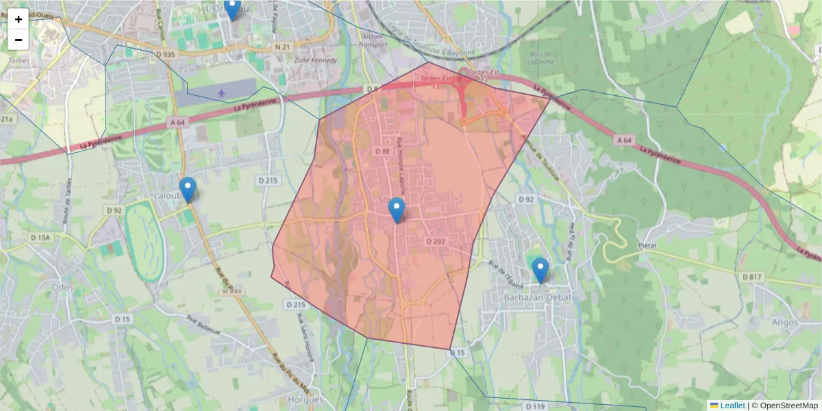 Carte de la zone du code postal  et des codes postaux voisins en France