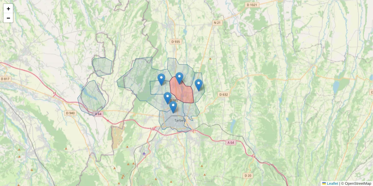 Carte de la zone du code postal  et des codes postaux voisins en France