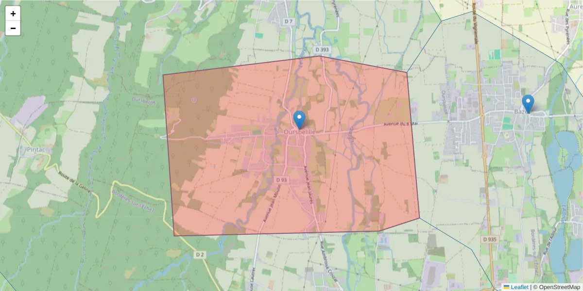Carte de la zone du code postal  et des codes postaux voisins en France