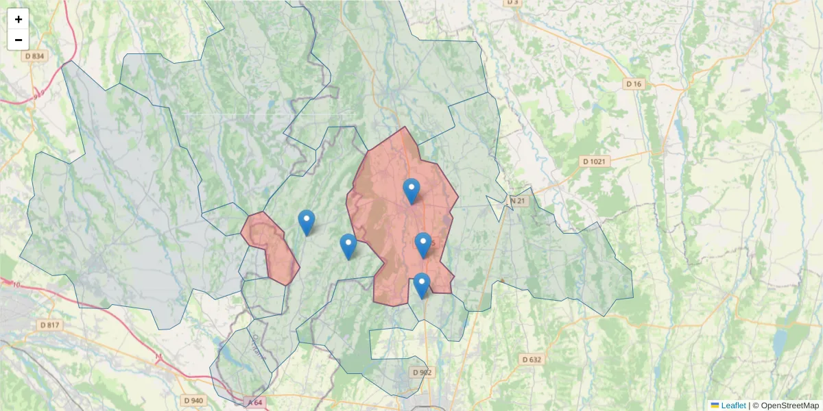 Carte de la zone du code postal  et des codes postaux voisins en France