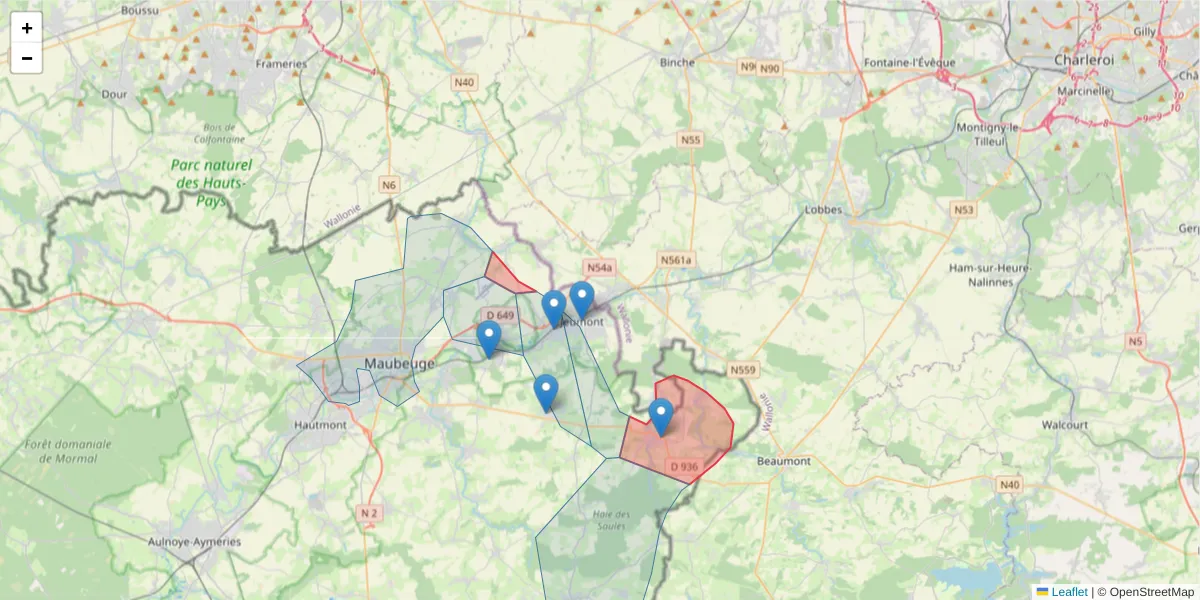 Carte de la zone du code postal  et des codes postaux voisins en France