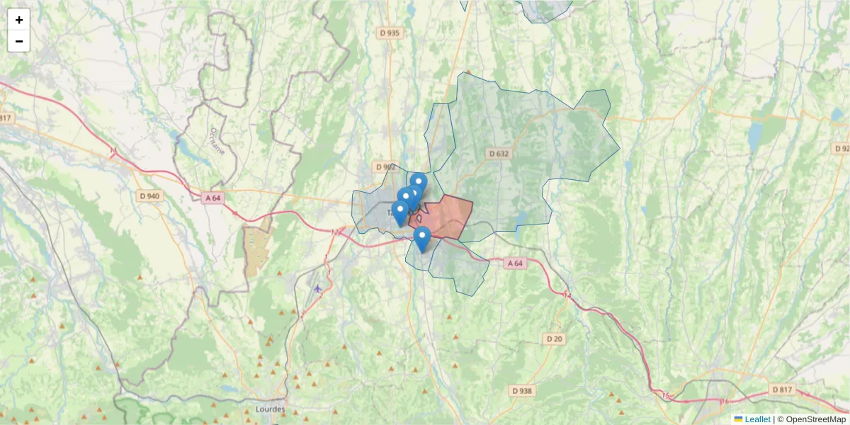 Carte de la zone du code postal  et des codes postaux voisins en France