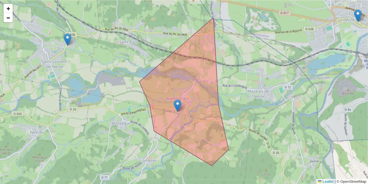 Carte de la zone du code postal  et des codes postaux voisins en France
