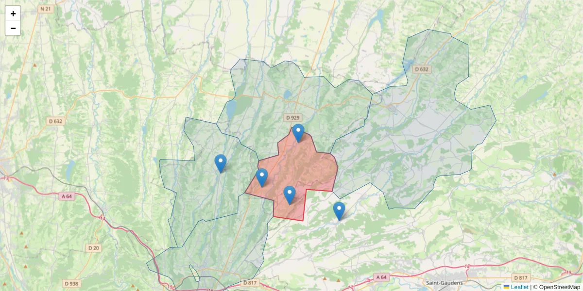 Carte de la zone du code postal  et des codes postaux voisins en France