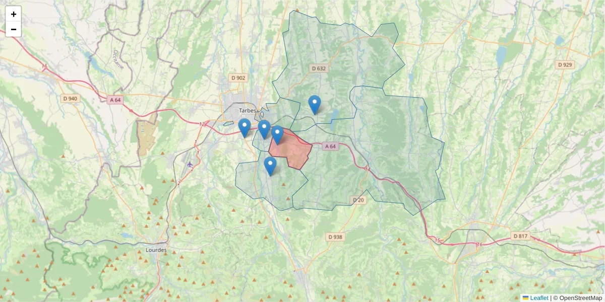 Carte de la zone du code postal  et des codes postaux voisins en France