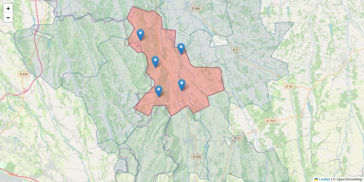 Carte de la zone du code postal  et des codes postaux voisins en France