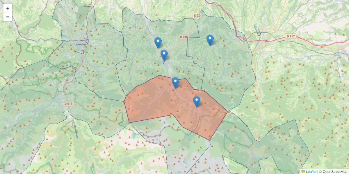 Carte de la zone du code postal  et des codes postaux voisins en France