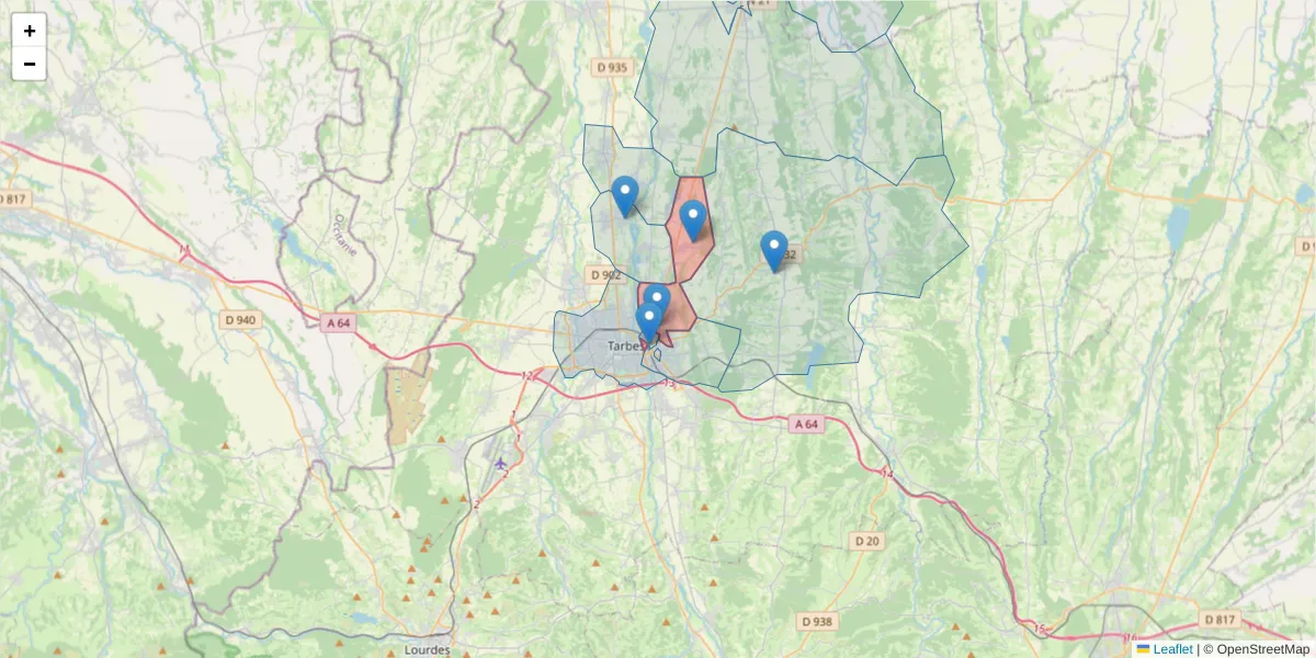 Carte de la zone du code postal  et des codes postaux voisins en France