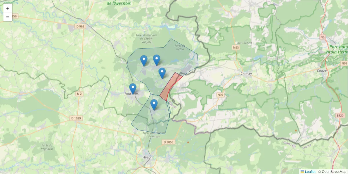 Carte de la zone du code postal  et des codes postaux voisins en France