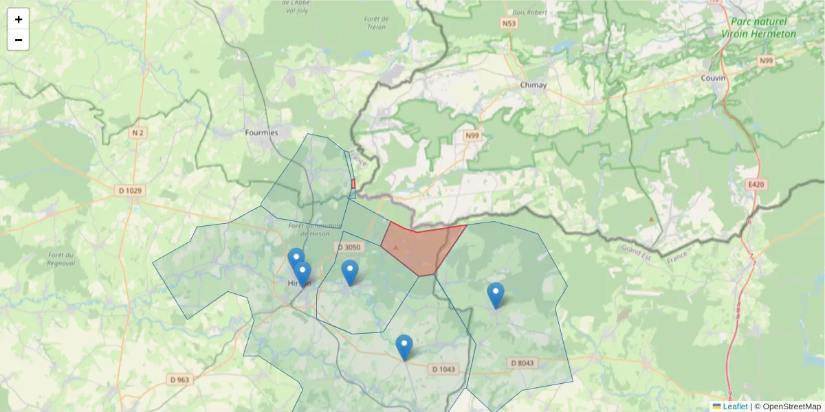 Carte de la zone du code postal  et des codes postaux voisins en France