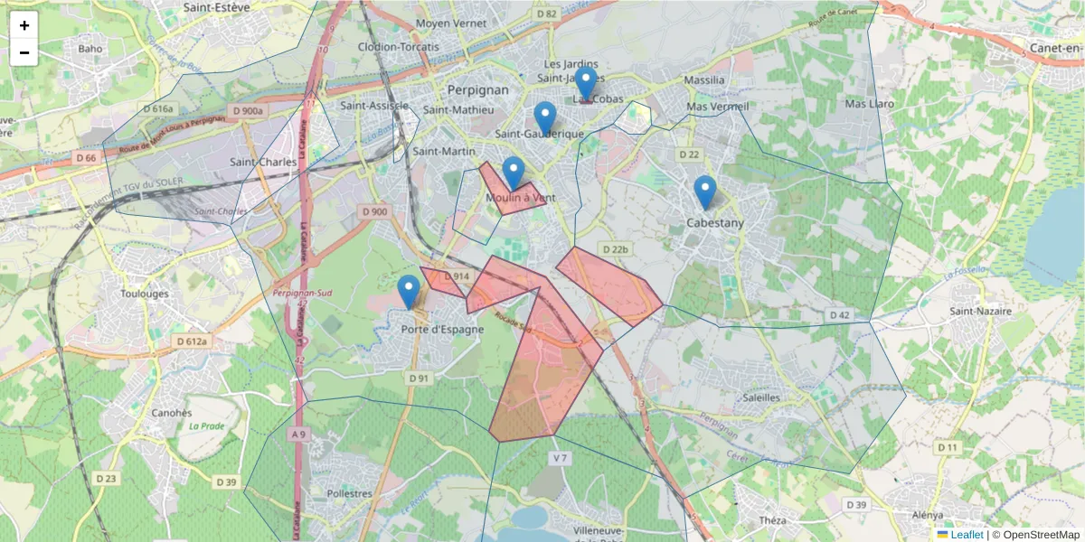 Carte de la zone du code postal  et des codes postaux voisins en France