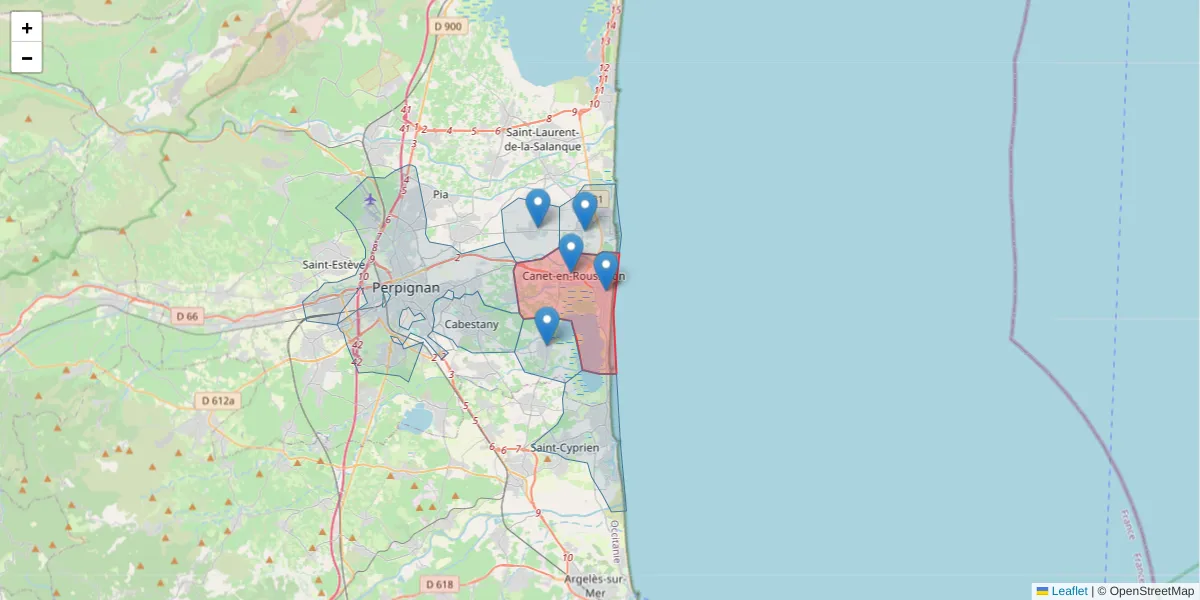 Carte de la zone du code postal  et des codes postaux voisins en France