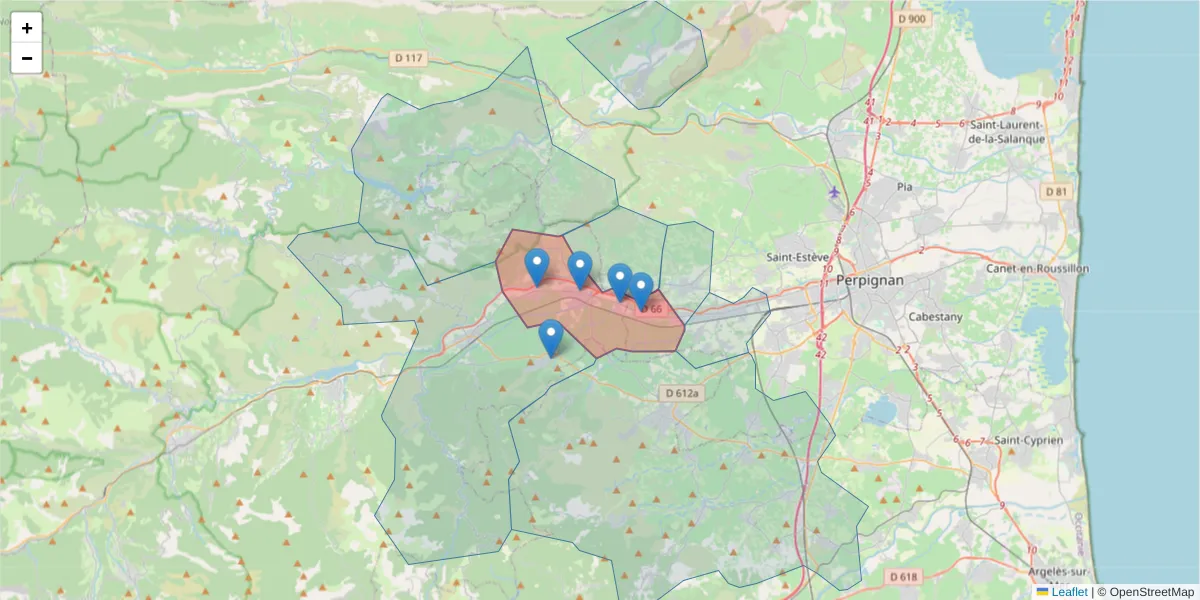 Carte de la zone du code postal  et des codes postaux voisins en France