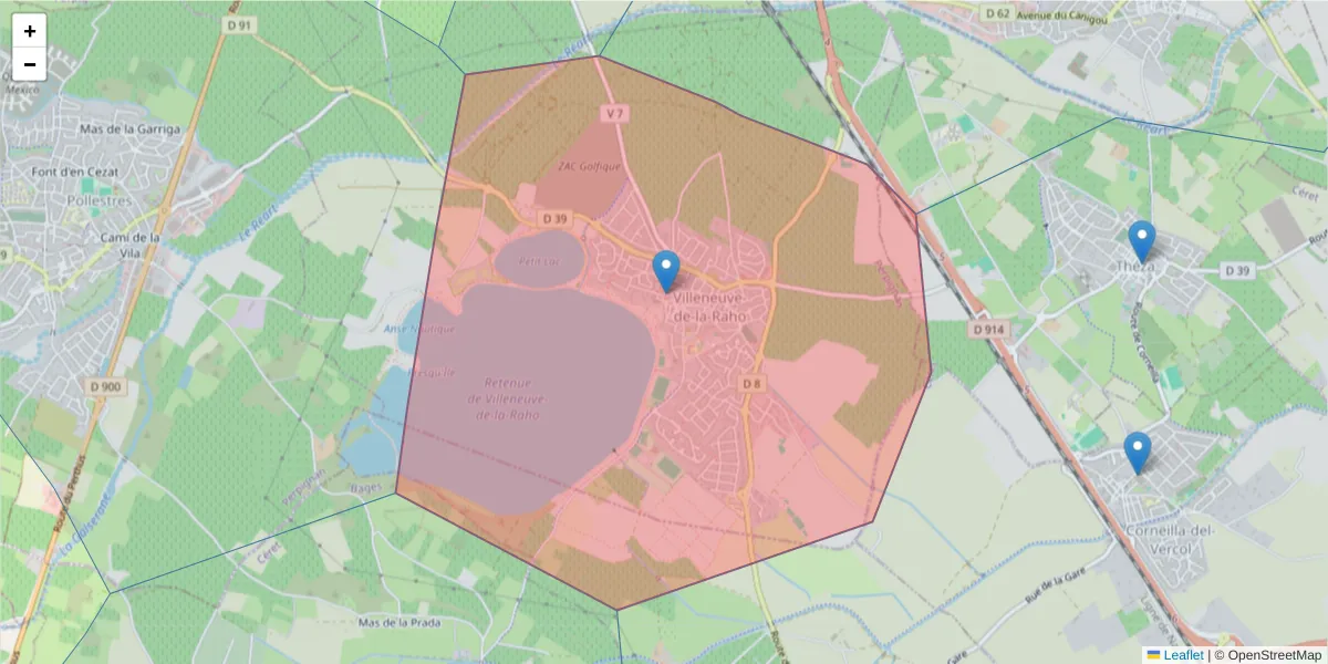 Carte de la zone du code postal  et des codes postaux voisins en France