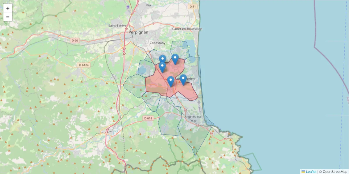 Carte de la zone du code postal  et des codes postaux voisins en France