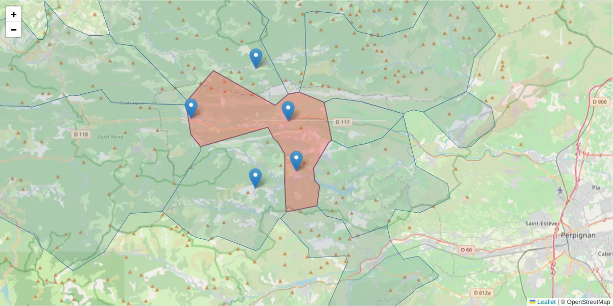 Carte de la zone du code postal  et des codes postaux voisins en France