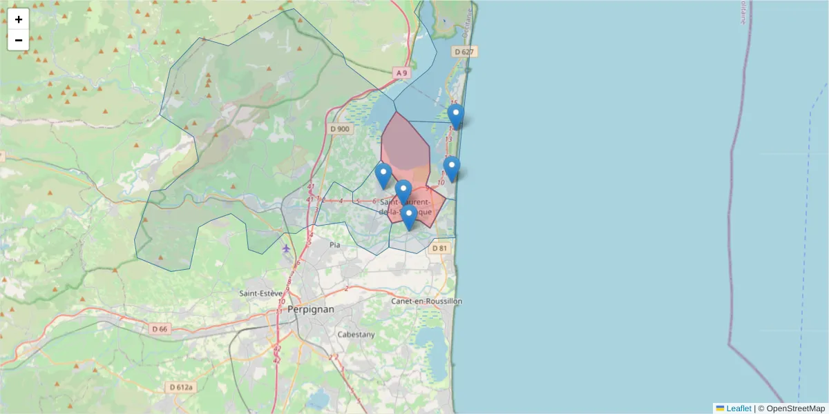 Carte de la zone du code postal  et des codes postaux voisins en France
