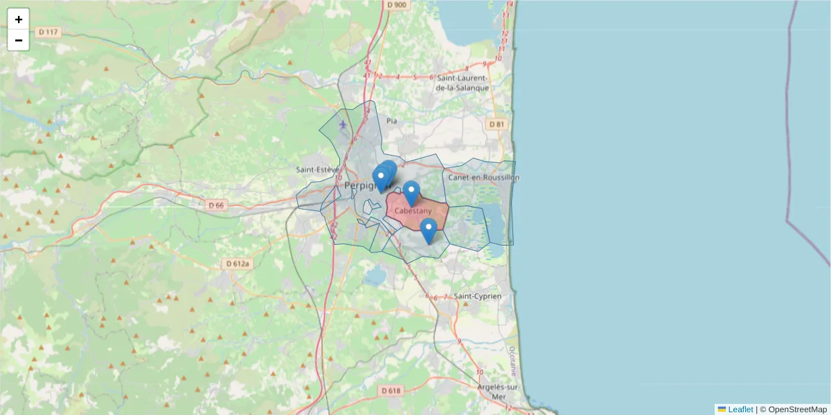 Carte de la zone du code postal  et des codes postaux voisins en France