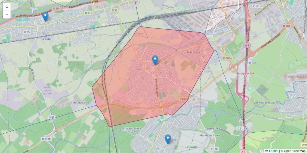 Carte de la zone du code postal  et des codes postaux voisins en France