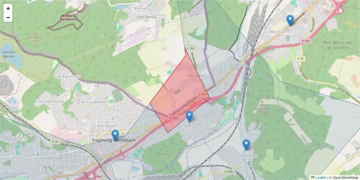 Carte de la zone du code postal  et des codes postaux voisins en France