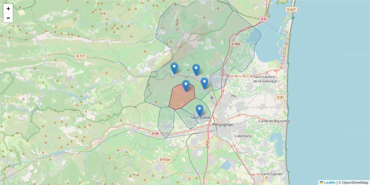 Carte de la zone du code postal  et des codes postaux voisins en France