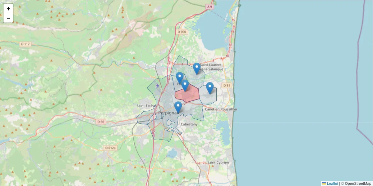 Carte de la zone du code postal  et des codes postaux voisins en France