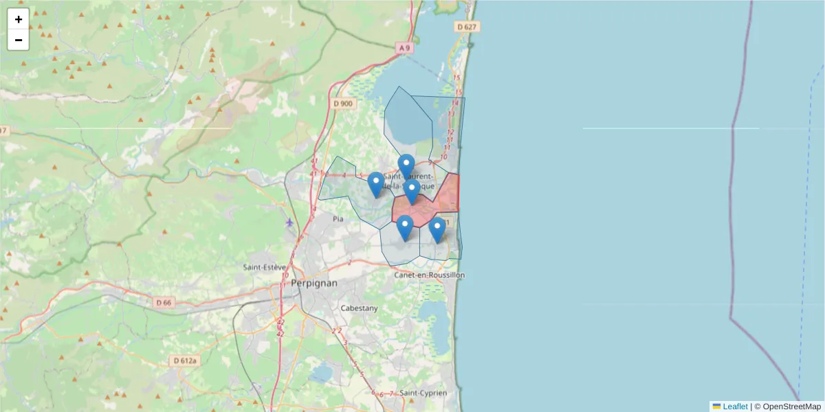 Carte de la zone du code postal  et des codes postaux voisins en France