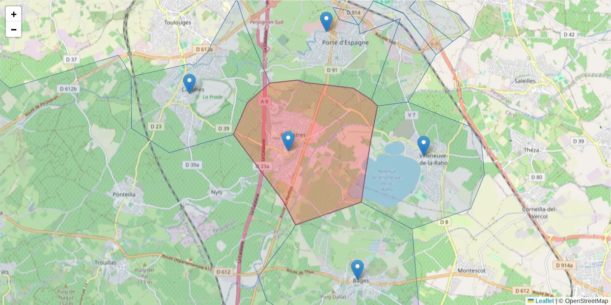 Carte de la zone du code postal  et des codes postaux voisins en France