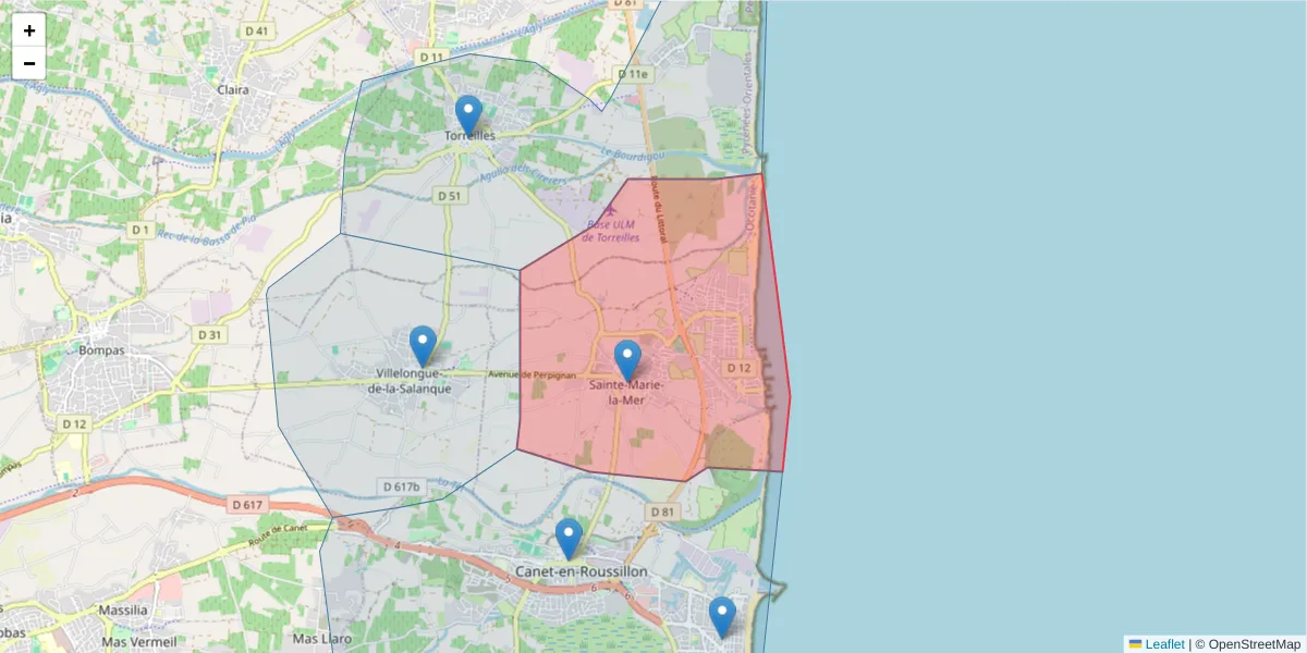 Carte de la zone du code postal  et des codes postaux voisins en France