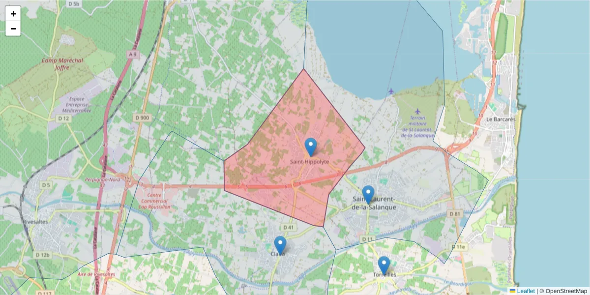 Carte de la zone du code postal  et des codes postaux voisins en France