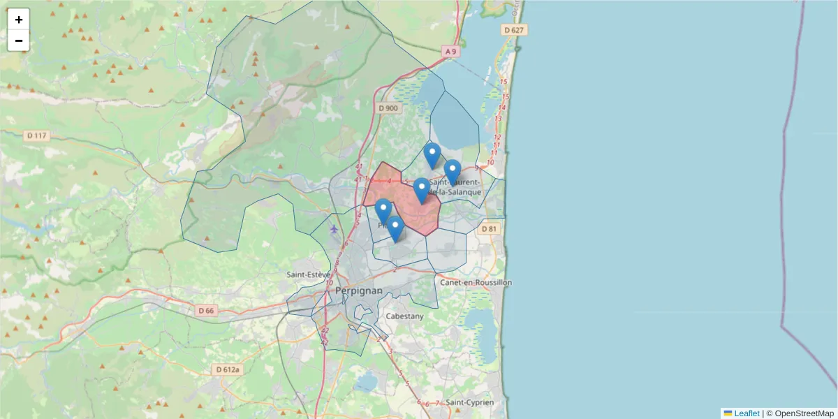 Carte de la zone du code postal  et des codes postaux voisins en France