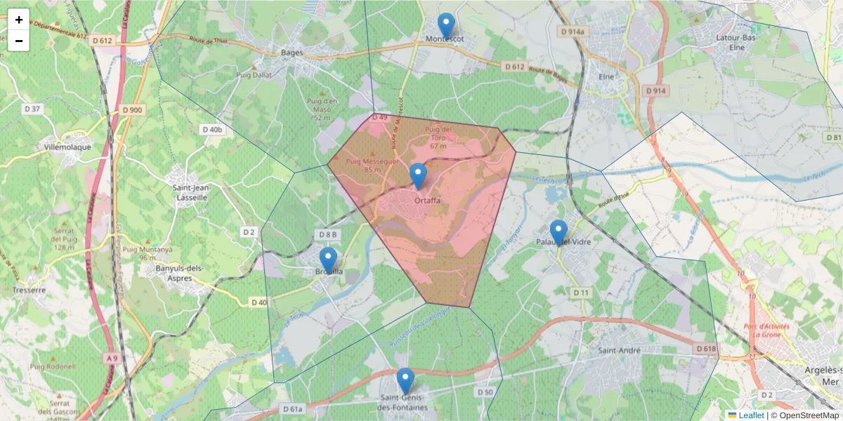 Carte de la zone du code postal  et des codes postaux voisins en France
