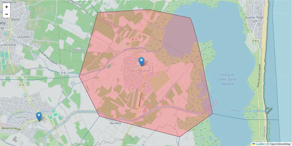 Carte de la zone du code postal  et des codes postaux voisins en France