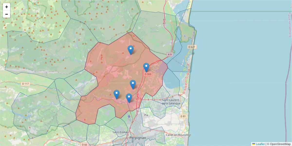Carte de la zone du code postal  et des codes postaux voisins en France