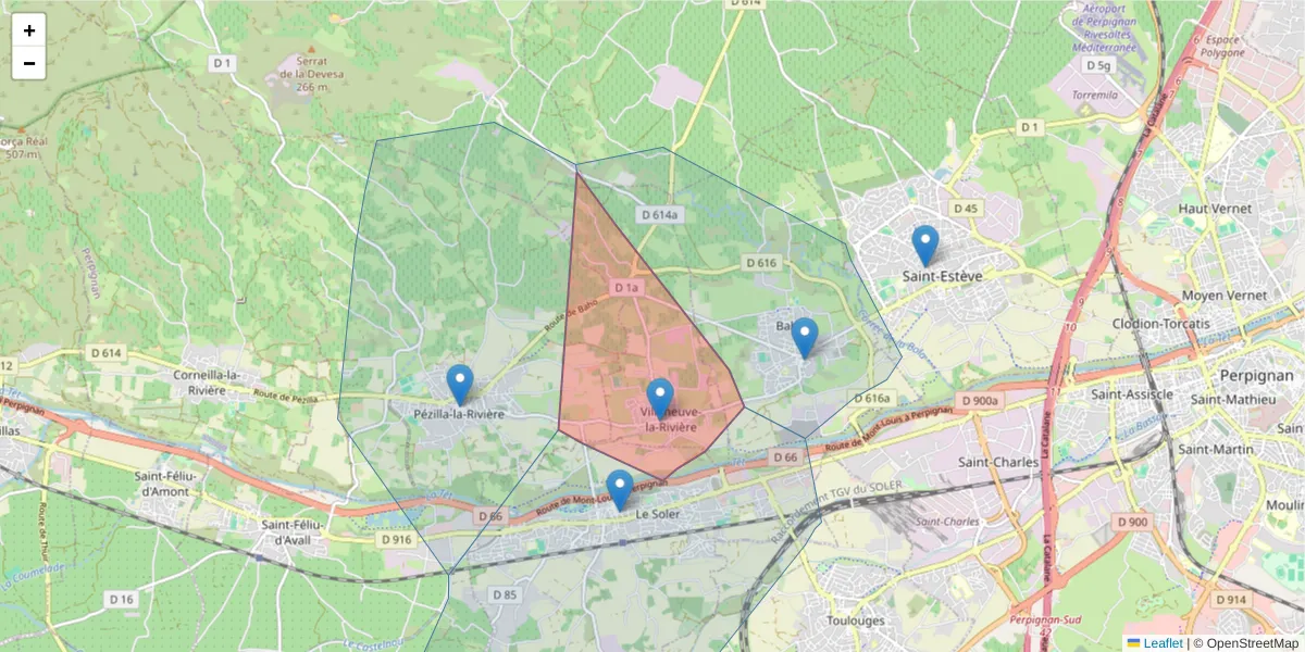 Carte de la zone du code postal  et des codes postaux voisins en France