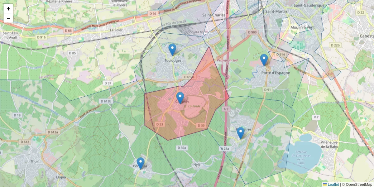 Carte de la zone du code postal  et des codes postaux voisins en France
