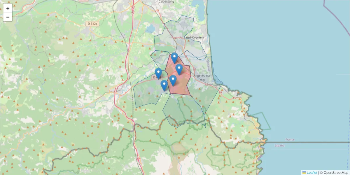 Carte de la zone du code postal  et des codes postaux voisins en France