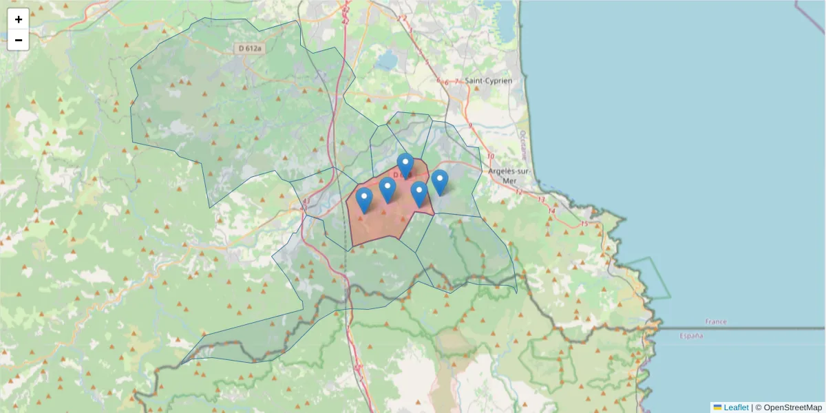 Carte de la zone du code postal  et des codes postaux voisins en France