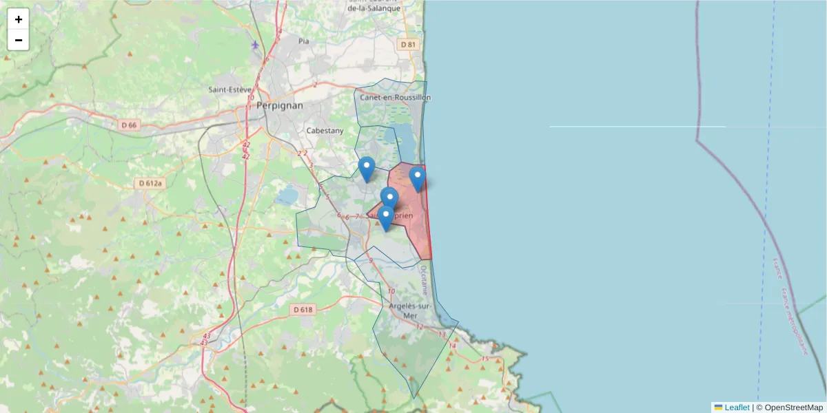 Carte de la zone du code postal  et des codes postaux voisins en France