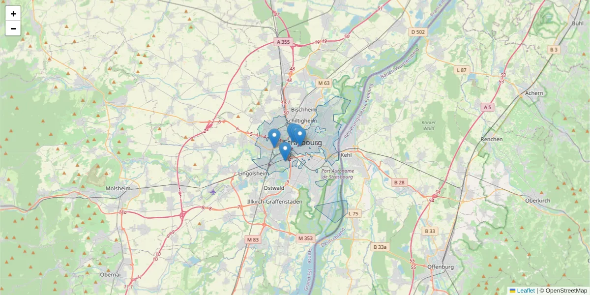 Carte de la zone du code postal  et des codes postaux voisins en France